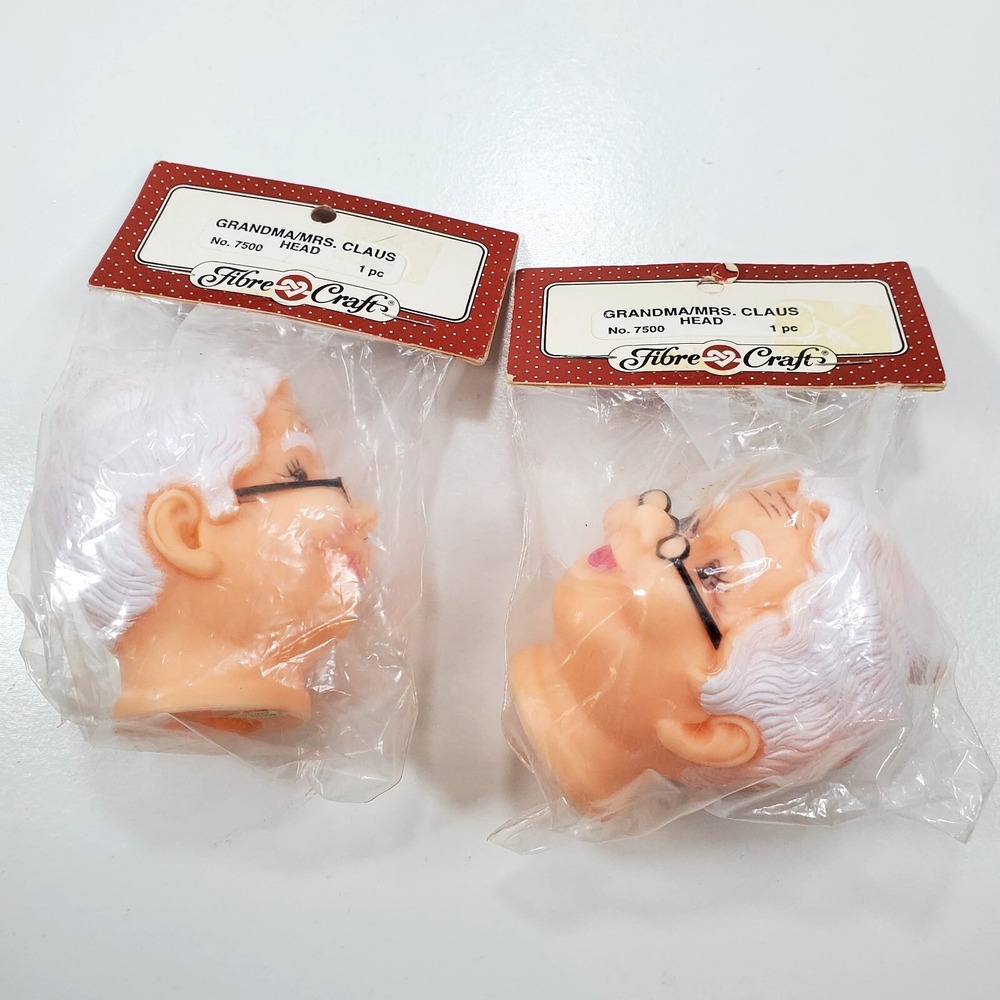 Vtg Fibre Craft Lot of 2 Grandma Mrs. Claus Rubber Plastic Doll Head No. 7500